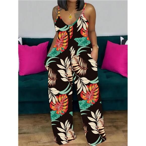 Variété Boutique Pants - Plus Size Botanical Print Pocketed Straight Jumpsuit